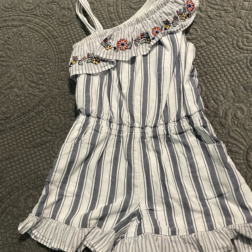 Janie and Jack White and Blue Striped Jumpsuit with Ruffles